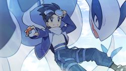 Rule 34 | 1boy, adjusting goggles, black hair, blue jacket, blush, chinese commentary, commentary request, creatures (company), ethan (pokemon), ethan (sygna suit) (pokemon), fingerless gloves, game freak, gen 2 pokemon, gloves, goggles, grin, highres, holding, holding poke ball, jacket, legendary pokemon, long sleeves, looking at viewer, lugia, male focus, nintendo, official alternate costume, outstretched arm, pants, poke ball, poke ball (basic), pokemon, pokemon (creature), pokemon masters ex, rata (m40929), ribbed legwear, scarf, shirt, shoes, short hair, smile, socks, white scarf, white shirt