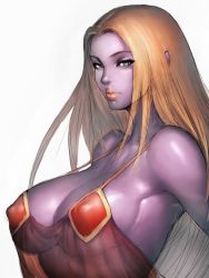 Rule 34 | 1girl, bare shoulders, blonde hair, breasts, colored skin, creatures (company), female focus, fumio (rsqkr), game freak, gen 1 pokemon, green eyes, humanization, jynx, large breasts, lips, nintendo, personification, pokemon, purple skin, shear clothes, simple background, solo, white background