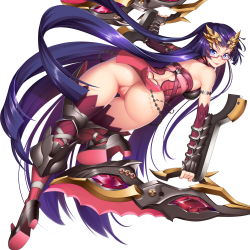 Rule 34 | 1girl, absurdres, anus, armor, ass, blue eyes, boots, cleft of venus, fat mons, from behind, glasses, hair ornament, high heels, highres, holding, holding weapon, long hair, looking at viewer, lucknight, original, purple hair, pussy, semi-rimless eyewear, smile, solo, sword, thigh gap, thighhighs, thighs, uncensored, very long hair, weapon