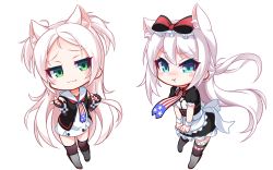 Rule 34 | 2girls, :t, american flag, american flag print, animal ear fluff, animal ears, apron, azur lane, bare shoulders, black dress, black gloves, black jacket, black legwear, blue eyes, blush, blush stickers, boots, bow, cat ears, chibi, closed mouth, commentary request, dress, elbow gloves, fingerless gloves, flag print, frilled apron, frills, gloves, grey footwear, hair between eyes, hair bow, hammann (azur lane), hands up, highres, jacket, kirisame mia, knee boots, long hair, multiple girls, nose blush, one eye closed, parted bangs, pout, print neckwear, puffy short sleeves, puffy sleeves, red bow, short sleeves, sidelocks, simple background, sims (azur lane), sleeveless, sleeveless dress, smile, standing, thighhighs, thighhighs under boots, two side up, very long hair, waist apron, white apron, white background, white bow, white dress, white hair, wrist cuffs