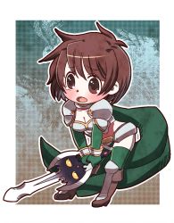 Rule 34 | 1girl, bad id, bad pixiv id, blush, bob cut, boots, border, breasts, brown eyes, brown footwear, brown hair, cape, chibi, cleavage, collarbone, commentary request, d:, elbow gloves, eyes visible through hair, full body, furrowed brow, genderswap, genderswap (mtf), gloves, gold trim, green cape, green gloves, green thighhighs, hayasaka, high heel boots, high heels, holding, holding sword, holding weapon, knee boots, leaning forward, open mouth, outside border, rance (series), ransuko, sengoku rance, short hair, standing, stomach, swept bangs, sword, tareme, tears, thighhighs, weapon, white border