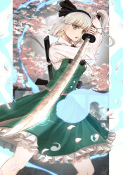 Rule 34 | 1girl, absurdres, aura, black hairband, cherry blossoms, collared shirt, falling petals, glint, green eyes, green skirt, green vest, grey hair, hairband, highres, hitodama print, holding, holding sword, holding weapon, katana, konpaku youmu, long sleeves, looking at viewer, open mouth, petals, pink petals, sheath, sheathed, shirt, short hair, skirt, skirt set, solo, soukou (artist), sword, touhou, twitter username, unsheathed, vest, weapon, white shirt