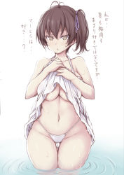 Rule 34 | 10s, 1girl, bikini, breasts, brown eyes, brown hair, chestnut mouth, clothes lift, collarbone, hair ribbon, highres, jema, kaga (kancolle), kantai collection, large breasts, long hair, navel, ribbon, shirt lift, side ponytail, sketch, solo, swimsuit, thigh gap, translation request, underboob, wading, water