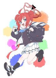 Rule 34 | 1girl, ahoge, black socks, blue archive, blue eyes, blue necktie, child, collared shirt, double bun, fujiwara tatsuroo, hair bun, halo, highres, holding, jacket, jumping, light blush, long sleeves, looking at viewer, maki (blue archive), necktie, open mouth, pleated skirt, puffy sleeves, red hair, shirt, shoes, short hair, sidelocks, skirt, smile, sneakers, socks, solo, spray can, spray paint, sweater vest