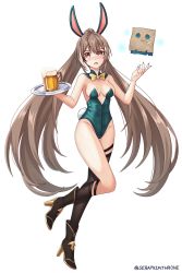 Rule 34 | 1girl, :o, animal ears, asymmetrical legwear, bare arms, beer mug, black footwear, black thighhighs, blush, boots, bow, bowtie, breasts, brown eyes, brown hair, cleavage, cup, detached collar, fake animal ears, fake tail, friend (nanashi mumei), full body, green leotard, hair ornament, hairclip, high heel boots, high heels, highres, holding, holding tray, hololive, hololive english, leotard, long hair, looking at viewer, medium breasts, mug, nail polish, nanashi mumei, open mouth, playboy bunny, rabbit ears, rabbit tail, seraphim throne, simple background, sleeveless, strapless, strapless leotard, tail, thigh strap, thighhighs, tray, twintails, twitter username, very long hair, virtual youtuber, white background, yellow bow, yellow bowtie