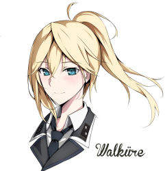 Rule 34 | 1girl, beatrice waltrud von kircheisen, blonde hair, blue eyes, blush, character name, chinese commentary, closed mouth, collared shirt, commentary request, cropped torso, dies irae, hair between eyes, highres, jacket, laserflip, long hair, looking at viewer, nazi, ponytail, shinza bansho series, shirt, smile, solo, upper body, white shirt, wing collar