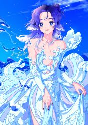 Rule 34 | 1boy, absurdres, bare shoulders, black hair, blue hair, blue nails, blue sky, commission, copyright request, cowboy shot, dress, gradient hair, highres, kisumi rei, long sleeves, multicolored hair, nail polish, shadow, sky, solo, strapless, strapless dress, trap, virtual youtuber, water, water dress, white hair