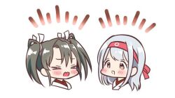 Rule 34 | &gt; &lt;, 2girls, brown eyes, commentary request, grey hair, hair ribbon, headband, japanese clothes, kantai collection, long hair, multiple girls, notice lines, red headband, ribbon, shouhou (kancolle), simple background, twintails, white background, white hair, yonnada, zuikaku (kancolle)
