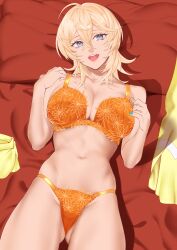 Rule 34 | 1girl, alternate costume, bed sheet, blonde hair, bra, breasts, cleavage, commentary request, crossed bangs, gluteal fold, green nails, grey eyes, hair between eyes, hand on own shoulder, highres, kantai collection, large breasts, lips, long bangs, looking at viewer, navel, open mouth, orange bra, orange panties, panties, shingyou (alexander-13), short hair, smile, solo, stomach, teeth, tuscaloosa (kancolle), underwear, underwear only, upper teeth only