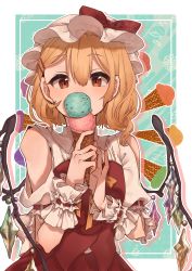 Rule 34 | 1girl, adapted costume, arms up, blonde hair, blue background, commentary request, covering own mouth, double scoop, flandre scarlet, food, food background, hair between eyes, hair ornament, hairclip, hat, hat ribbon, highres, holding, holding food, ice cream, ice cream cone, laspberry., looking at viewer, mob cap, one side up, partial commentary, raglan sleeves, red eyes, red skirt, red vest, ribbon, shirt, short hair, skirt, solo, standing, touhou, upper body, vest, white hat, white shirt, wings, wrist cuffs, yellow neckwear, yellow ribbon