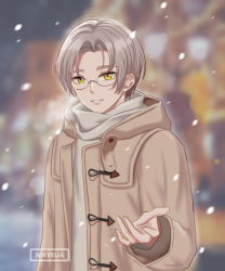 Rule 34 | 1boy, :d, absurdres, artist name, blurry, blurry background, brown coat, coat, glasses, grin, highres, long sleeves, looking at viewer, nirvelia, open mouth, outdoors, short hair, smile, snowing, solo, sweater, tears of themis, teeth, vyn richter (tears of themis), white hair, white sweater, yellow eyes