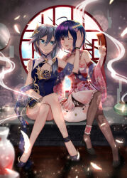Rule 34 | 2girls, :d, ahoge, bad id, bad pixiv id, black footwear, black hair, blue dress, blue eyes, china dress, chinese clothes, cleavage cutout, closed mouth, clothing cutout, couch, crossed legs, dress, feathers, fu hua, fu hua (valkyrie accipiter), full body, hair ornament, high heels, highres, honkai (series), honkai impact 3rd, indoors, long hair, looking at viewer, multiple girls, nekoha gc, one eye closed, open mouth, pink dress, pink sleeves, ponytail, seele (alter ego), seele vollerei, short hair, sitting, sleeveless, sleeveless dress, smile