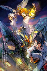 Rule 34 | 1girl, 2boys, :d, ahoge, animal, animal on arm, bird, bird on arm, black hair, blue skirt, book, boots, brown footwear, building, buttons, clock, closed mouth, collared shirt, commentary, deviantart username, dress shirt, emma (yakusoku no neverland), english commentary, green eyes, hair between eyes, hand in pocket, holding, holding lantern, instagram username, lantern, leather, leather boots, lens flare, long sleeves, looking at viewer, looking to the side, multiple boys, neck tattoo, night, night sky, norman (yakusoku no neverland), number tattoo, on roof, open mouth, orange hair, outdoors, owl, pants, plant, pleated skirt, ray (yakusoku no neverland), rooftop, shirt, shoelaces, shoes, shooting star, short hair, sitting, skirt, sky, smile, standing, star (sky), star (symbol), starry sky, talons, tattoo, teeth, upper teeth only, vines, watermark, web address, white hair, white pants, white shirt, window, wings, yakusoku no neverland, zzyzzyy