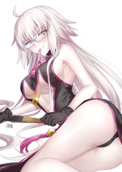 Rule 34 | 1girl, ahoge, armpits, ass, bare legs, bare shoulders, bespectacled, black dress, black gloves, blush, breasts, center opening, china dress, chinese clothes, cleavage, commentary request, cosplay, dress, earrings, fate/grand order, fate (series), folded fan, folding fan, glasses, gloves, gogatsu fukuin, hand fan, highres, jeanne d&#039;arc (fate), jeanne d&#039;arc alter (avenger) (fate), jeanne d&#039;arc alter (fate), jewelry, koyanskaya (chinese lostbelt outfit) (fate), koyanskaya (fate), koyanskaya (fate) (cosplay), large breasts, long hair, looking at viewer, lying, mouth hold, on side, ribbon, side slit, sideboob, silver hair, solo, thighs, tsurime, very long hair, yellow eyes