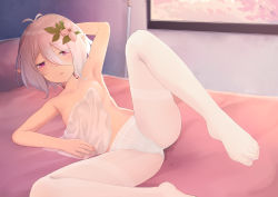 Rule 34 | 1girl, antenna hair, arm up, armpits, bed, breasts, hair between eyes, kokkoro (princess connect!), kou futoshi, lying, on bed, on side, pantyhose, parted lips, pink eyes, pointy ears, princess connect!, small breasts, solo, sweat, thighband pantyhose, thighs, towel, white hair, white pantyhose