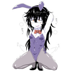 Rule 34 | 1girl, akita (20033203), animal ears, armpits, arms behind head, black hair, breasts, copyright request, covered navel, detached collar, embarrassed, fake animal ears, leotard, long hair, orange eyes, pale skin, pantyhose, playboy bunny, rabbit ears, small breasts, spread legs, squatting, sweat, tears, white background, yellow eyes