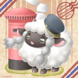 Rule 34 | :d, character name, clothed pokemon, commentary request, creatures (company), envelope, game freak, gen 8 pokemon, grey hat, hat, mailbox (incoming mail), nintendo, no humans, open mouth, pokemon, pokemon (creature), sasabunecafe, sheep, smile, solo, standing, tongue, wooloo