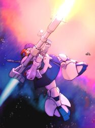 Rule 34 | artist name, bazooka (gundam), dom (mobile suit), firing, from side, glowing, glowing eye, gun, gundam, highres, holding, holding gun, holding weapon, mecha, mobile suit, mobile suit gundam, moroboshi danshaku, no humans, one-eyed, purple eyes, robot, science fiction, solo, space, weapon