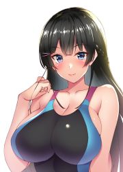 Rule 34 | 1girl, black hair, blue eyes, blush, braid, breasts, cleavage, collarbone, competition swimsuit, french braid, hair ornament, hairclip, hand up, highres, large breasts, long hair, looking at viewer, nijisanji, one-piece swimsuit, simple background, smile, solo, swimsuit, takeda aranobu, tsukino mito, virtual youtuber, white background