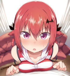 Rule 34 | 1girl, bare arms, bare shoulders, bat hair ornament, blurry, blush, breast press, breasts, collarbone, couch, curtains, d:, depth of field, fang, fisheye, gabriel dropout, greatmosu, hair ornament, hair rings, highres, hood, hoodie, indoors, leaning on person, looking at viewer, medium breasts, nose blush, open mouth, perspective, pov, purple eyes, red hair, satanichia kurumizawa mcdowell, shirt, short hair, sleeveless, sleeveless hoodie, sleeveless shirt, solo focus, striped clothes, striped shirt, sweatdrop