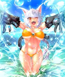 Rule 34 | 00s, 1girl, animal ears, animal hands, bikini, braid, breasts, cat ears, cat girl, cat paws, cat tail, covered erect nipples, crakul, curvy, fangs, female focus, highres, large breasts, lilith-soft, looking at viewer, navel, nobushito kuro, open mouth, orange eyes, shiny skin, silver hair, smile, solo, swimsuit, tail, taimanin (series), taimanin asagi, taimanin asagi kessen arena, water