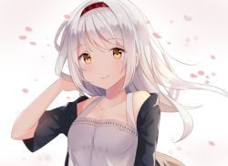 Rule 34 | 1girl, black jacket, blush, breasts, cleavage, commentary, commission, copyright request, cropped, dress, english commentary, hairband, hand up, hitsukuya, jacket, long hair, looking at viewer, medium breasts, petals, single bare shoulder, smile, solo, upper body, white dress, white hair, yellow eyes