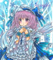 Rule 34 | 1girl, :o, apron, back bow, bare tree, blue background, blue bow, blue eyes, blue skirt, blue theme, blue vest, bow, cowboy shot, frilled apron, frilled ribbon, frilled scarf, frills, hands on own chest, hat, hat ribbon, juliet sleeves, lapel pin, letty whiterock, long sleeves, looking at viewer, marker (medium), medium hair, mob cap, open mouth, outdoors, puffy sleeves, purple eyes, purple hair, ribbon, rui (sugar3), sample watermark, scarf, shirt, skirt, snowflake background, solo, touhou, traditional media, tree, vest, waist apron, watermark, white apron, white hat, white scarf, white shirt, wide sleeves, winter, wrist cuffs