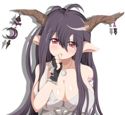 Rule 34 | 10s, 1girl, antenna hair, bad id, bad pixiv id, bandaged arm, bandages, black gloves, black hair, breasts, cleavage, crescent, danua, draph, dress, fingerless gloves, gloves, granblue fantasy, hair between eyes, highres, horn ornament, horns, jewelry, large breasts, long hair, looking at viewer, momomi patricia, necklace, pointy ears, red eyes, solo, thumb sucking, white background, white dress