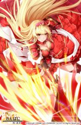 Rule 34 | 1girl, armor, armored dress, blonde hair, breasts, cleavage, copyright name, dress, flower, frills, gloves, hairband, kanpani girls, long hair, looking at viewer, red armor, red dress, red flower, red rose, rose, rose le vallier, serious, solo, sword, takanashie, weapon, yellow eyes
