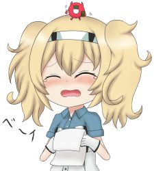 Rule 34 | 1girl, blonde hair, blue shirt, blush, child, crying, enemy lifebuoy (kancolle), etowaaru, closed eyes, gambier bay (kancolle), gloves, headband, kantai collection, open mouth, shirt, simple background, white background, white gloves