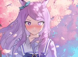 Rule 34 | 1girl, animal ears, blush, bow, bowtie, bright pupils, cherry blossoms, closed mouth, ear bow, floating hair, highres, horse ears, long hair, looking at viewer, mejiro mcqueen (umamusume), nose blush, outdoors, petals, purple eyes, purple hair, purple shirt, sailor collar, shirt, solo, sweat, tree, umamusume, unneul, upper body, white pupils, wind