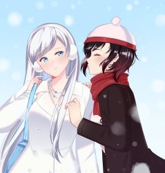 Rule 34 | 2girls, alternate costume, alternate hairstyle, bag, black coat, black hair, blue background, blue eyes, blush, carrying over shoulder, coat, earmuffs, embarrassed, closed eyes, furrowed brow, hair down, hat, highres, jewelry, knit hat, lips, long hair, multicolored hair, multiple girls, necklace, nervous, open clothes, open coat, puckered lips, red hair, red scarf, ruby rose, rwby, scar, scar across eye, scar on face, scarf, short hair, shy, snow, snowflakes, snowing, sunnypoppy, very long hair, weiss schnee, white coat, white hair, yuri