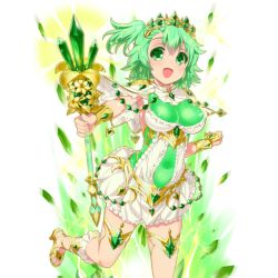 Rule 34 | 1girl, ankle lace-up, covered navel, cross-laced footwear, gold trim, green eyes, green hair, green theme, holding hands, kusaka souji, looking at viewer, matching hair/eyes, official art, open mouth, sandals, solo, tiara, transparent background, uchi no hime-sama ga ichiban kawaii, wand