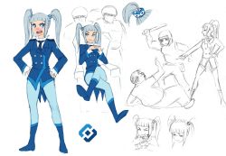 Rule 34 | blue eyes, blush, crossed legs, eyebrows, flick-the-thief, formal, frown, hair ornament, jacket, necktie, open mouth, rkn-chan, russia, russian text, shirt, simple background, sketch, suit, twintails, white background, white hair, white shirt