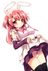 Rule 34 | 1girl, animal ears, black thighhighs, blush, bow, bow panties, breasts, clothes lift, detached sleeves, dress, dress lift, frilled panties, frills, long hair, looking at viewer, maid, maid headdress, original, panties, pink hair, rabbit ears, red eyes, red hair, sakura (mani), simple background, skirt, skirt lift, solo, thighhighs, two side up, underwear, upskirt, usashiro mani, white background, white panties