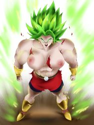 Rule 34 | 1girl, abs, absurdres, breasts, dragon ball, dragon ball super, flatpancakesjim, flatpankakesjim, green hair, highres, kale (dragon ball), large breasts, muscular, muscular female, no pupils, open mouth, shirt, skirt, skirt only, topless, torn clothes, torn shirt