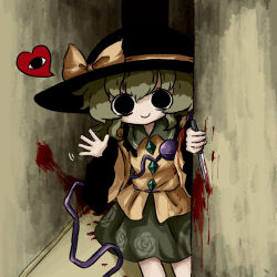 Rule 34 | 1girl, black eyes, black hat, blood, blood on hands, blood on wall, blouse, bow, buttons, closed mouth, diamond button, eyeball, floral print, frilled shirt collar, frilled sleeves, frills, green hair, green skirt, hat, hat bow, hat ribbon, heart, heripantomorrow, holding, holding knife, knife, komeiji koishi, long sleeves, looking at viewer, medium hair, ribbon, rose print, shirt, sidelocks, skirt, smile, solo, third eye, touhou, wavy hair, wide sleeves, yellow bow, yellow ribbon, yellow shirt
