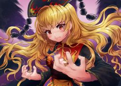 Rule 34 | 1girl, absurdres, angry, black dress, blonde hair, blush, breasts, chinese clothes, crescent, crying, crying with eyes open, dress, hat, highres, junko (touhou), long hair, long sleeves, looking down, perspective, red eyes, sash, shianebulae, solo, streaming tears, tabard, tears, touhou, upper body, very long hair, wavy mouth, wide sleeves