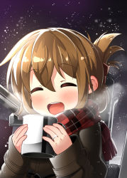 Rule 34 | 10s, 1girl, bell (oppore coppore), blush, brown hair, cannon, coffee mug, closed eyes, hair up, highres, inazuma (kancolle), jacket, jewelry, kantai collection, long sleeves, looking at viewer, mug, open mouth, ring, scarf, smile, snowing, solo, upper body, wedding band