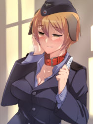 Rule 34 | 10s, 1girl, animal ears, blonde hair, blush, brave witches, breasts, brown eyes, brown hair, cleavage, collar, dog ears, em (totsuzen no hakike), hand on own cheek, hand on own face, hat, holding, large breasts, military, military uniform, pregnancy test, short hair, smile, solo, strike witches, uniform, waltrud krupinski, world witches series