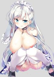 Rule 34 | 1girl, asymmetrical bangs, azur lane, belfast (azur lane), blue eyes, blush, braid, breasts, chain, choker, collarbone, dress, elbow gloves, eyes visible through hair, frilled dress, frilled gloves, frilled sleeves, frills, garter belt, garter straps, gloves, grey background, hand on own head, hand up, kaniya shiku, large breasts, long hair, looking at viewer, maid, maid headdress, nipples, pussy juice, shoes, silver hair, simple background, solo, squatting, sweat, thighhighs, tongue, tongue out, white gloves, white thighhighs