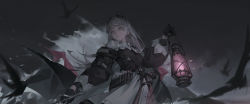 Rule 34 | 1girl, absurdres, alov, arknights, belt, black gloves, black jacket, commentary request, cowboy shot, earrings, gloves, grey eyes, grey hair, head wings, highres, holding, holding lantern, holding sword, holding weapon, irene (arknights), jacket, jewelry, lantern, long hair, long sleeves, looking afar, looking away, night, night sky, outdoors, parted lips, puffy long sleeves, puffy sleeves, scar, scar across eye, scar on face, skirt, sky, solo, sword, very long hair, water, weapon, white skirt, wings