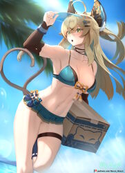 Rule 34 | 1girl, ahoge, animal ear fluff, animal ears, aqua bikini, arm up, bare shoulders, bikini, bikini skirt, black choker, blonde hair, blue sky, box, breasts, cardboard box, cat ears, cat tail, choker, commentary request, day, detached sleeves, genshin impact, green eyes, hair ornament, hairclip, half updo, highres, holding, holding box, kirara (genshin impact), large breasts, long hair, long sleeves, looking at viewer, microskirt, multiple tails, navel, open mouth, skirt, sky, solo, standing, standing on one leg, stomach, swimsuit, tail, thigh strap, thighs, two tails, vilde loh hocen, visor cap