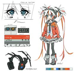 Rule 34 | 1girl, antenna hair, black necktie, blue eyes, blush, boots, character sheet, color guide, commentary, denka shaa, drawstring, edward (chookooreetoo), english commentary, english text, frilled skirt, frills, full body, gloves, grey footwear, grey pantyhose, headphones, highres, jacket, layered skirt, medium hair, multicolored hair, necktie, open mouth, orange hair, orange jacket, orange skirt, pantyhose, piano print, short twintails, sidelocks, skirt, smile, standing, streaked hair, twintails, utau, white gloves, white hair