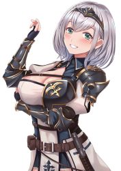 Rule 34 | 1girl, armor, belt, black armor, black gloves, blush, braid, breasts, circlet, cleavage, cleavage cutout, clothing cutout, fingerless gloves, gloves, gold trim, green eyes, grin, highres, hololive, large breasts, looking at viewer, medium hair, rush (rush65336816), sheath, shirogane noel, shirogane noel (1st costume), shoulder armor, simple background, smile, solo, upper body, virtual youtuber, white background, white hair