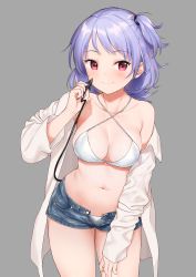 Rule 34 | 1girl, bikini, blush, breasts, cleavage, closed mouth, collarbone, cowboy shot, criss-cross halter, demon tail, denim, denim shorts, grey background, hair tie, halterneck, hand on own thigh, highres, holding tail, leaning forward, light purple hair, long sleeves, looking at viewer, medium breasts, medium hair, nail polish, navel, o-ring, o-ring bikini, o-ring top, off shoulder, one side up, open clothes, open fly, open pants, open shirt, original, pants, purple hair, red eyes, sekiya asami, shirt, short shorts, shorts, side ponytail, simple background, smile, solo, swimsuit, tail, unbuttoned, white bikini, white shirt