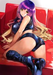 Rule 34 | 1girl, ass, banned artist, blonde hair, boots, breasts, couch, from behind, gradient hair, high heel boots, high heels, highres, hijiri byakuren, knee boots, large breasts, long hair, looking back, multicolored hair, poko (mammypoko), purple hair, shorts, solo, touhou, yellow eyes