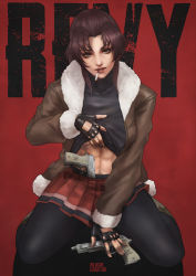 Rule 34 | 1girl, abs, absurdres, beretta 92, black gloves, black lagoon, black pantyhose, black sweater, bomber jacket, boots, brown eyes, brown hair, brown jacket, character name, cigarette, clothes lift, commentary, copyright name, cowboy boots, english commentary, fingerless gloves, gloves, gun, handgun, highres, jacket, long hair, looking at viewer, makeup, mascara, monori rogue, navel, navel piercing, official alternate costume, open clothes, open jacket, pantyhose, piercing, pistol, pleated skirt, ponytail, red background, red skirt, revy (black lagoon), sidelocks, skirt, smoking, solo, sweater, sweater lift, thick thighs, thighs, turtleneck, turtleneck sweater, weapon