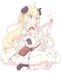 Rule 34 | 1girl, ahoge, black footwear, black sleeves, blade (galaxist), blonde hair, blush, boots, braid, cape, closed mouth, commentary request, curled horns, detached sleeves, dress, eighth note, flower, full body, fur-trimmed boots, fur-trimmed cape, fur-trimmed dress, fur-trimmed sleeves, fur trim, hair flower, hair ornament, hairclip, harp, holding, holding instrument, hololive, horns, instrument, long hair, long sleeves, looking away, music, musical note, playing instrument, purple eyes, red flower, sheep girl, sheep horns, simple background, sleeveless, sleeveless dress, smile, solo, tsunomaki watame, tsunomaki watame (1st costume), very long hair, virtual youtuber, white background, white cape, white dress, white sleeves