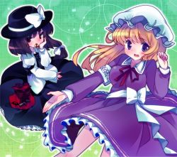 Rule 34 | 2girls, album cover, amo (shibu3), blonde hair, blue eyes, brown eyes, brown hair, cookie, cover, eating, female focus, food, hat, maribel hearn, mouth hold, multiple girls, open mouth, outstretched hand, touhou, usami renko